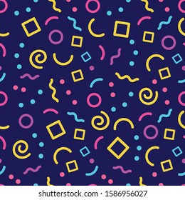 Colorful geometric vector seamless pattern with illustration of waves, arcs, dots, squares and dark background