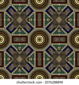 Colorful geometric vector seamless pattern. Repeat tribal abstract background. Ethnic style ornaments. Ornate modern design. Luxury endless texture. Trendy design with geometric shapes, rhombus, lines