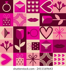 Colorful geometric vector seamless pattern with hearts, gifts, messages of love, rings, lips. for wrapping paper, greeting cards, posters, invitation, wedding and Valentines cards.