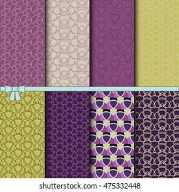  Colorful geometric vector seamless patterns set. Eight seamless patterns with abstract rounds, shapes for decor. Geometric backgrounds set. Texture in violet, gray and green colors  for decoration.
