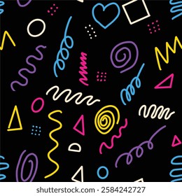 Colorful geometric vivied line doodle seamless pattern trendy 90s 80s 70s retro style. Kids party confetti texture childish scribble spiral shape. Repeatable grid light wallpaper black dark background - Powered by Shutterstock - Get 15% off with code: PIKWIZARD15