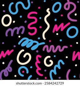 Colorful geometric vivied line doodle seamless pattern trendy 90s 80s 70s retro style. Kids party confetti texture childish scribble spiral shape. Repeatable grid light wallpaper black dark background - Powered by Shutterstock - Get 15% off with code: PIKWIZARD15