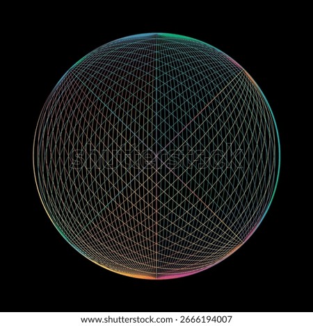 Colorful geometric wireframe sphere on black background, glowing rainbow neon lines, abstract digital art, tech design, minimalist shape with futuristic symmetry and circular grid concept