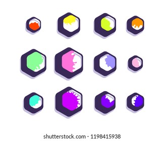 Colorful geometrical figures. Set of vector hexagons and ink drops.
