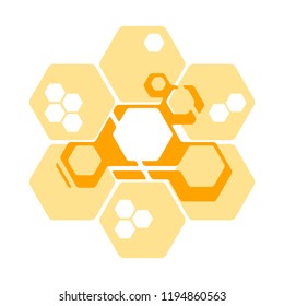 Colorful geometrical figures. Warm honey yellow background of hexagons. 