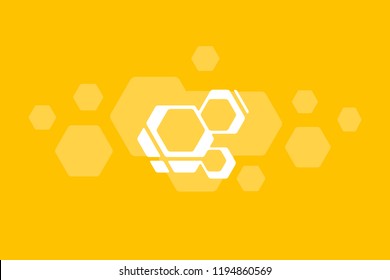 Colorful geometrical figures. Warm honey yellow background of hexagons. 