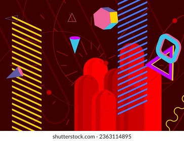 Colorful geometrical graphic retro theme with red background. Minimal geometric elements poster design. Vintage abstract shapes template for poster banner.