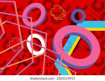 Colorful geometrical graphic retro theme with red background. Minimal geometric elements poster design. Vintage abstract shapes template for poster banner.