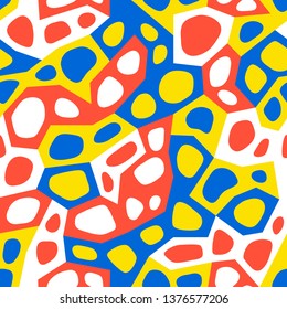 Colorful geometrical seamless pattern, with cell shapes and camo spots. Abstract background. Vector texture