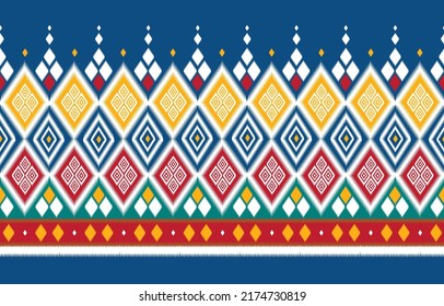 Patrón geométrico colorido sobre fondo azul clásico.
Diseñados para tejidos, textiles, ikat, étnicos, decoración, gráficos, fondo, alfombras, papel pintado, ropa, envoltura, Batik, bordado, ilustración vectorial.