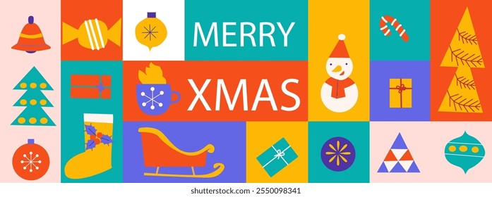 Colorful geometry merry christmas design with festive holiday icons.