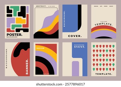 Colorful geometry poster design collection. Abstract geometric cover template set. For social media post, presentation, art event, or advertisement.