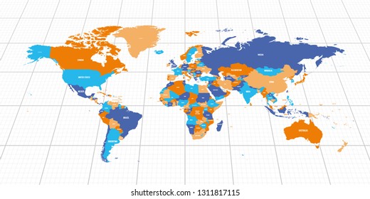 Colorful geopolitical map of World. Bottom perspective view with background grid. Vector illustration.