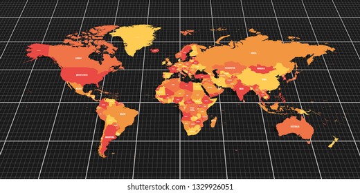 Colorful geopolitical map of World. Bottom perspective view with background grid. Vector illustration.