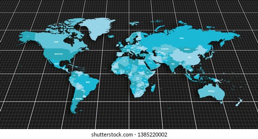 Colorful geopolitical map of World. Bottom perspective view with background grid. Vector illustration.