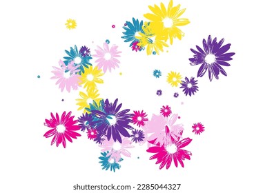 Vector blanco de fondo de Gerbera colorido. Textil Joven Chamomile. Flor de hojas brillante. Diseño romántico. Flor multicolor de fábrica.
