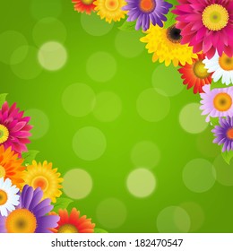 Colorful Gerbers Flowers Border With Green Bokeh, With Gradient Mesh, Vector Illustration