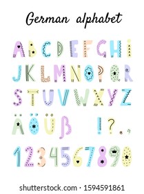Colorful German alphabet in scandinavian style on white background. Cute letters for your design.