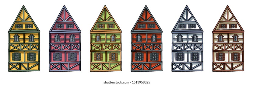 Colorful german houses cartoon collection urban landscape front view of European city street building facades. Hand drawn vector illustration sketch style.