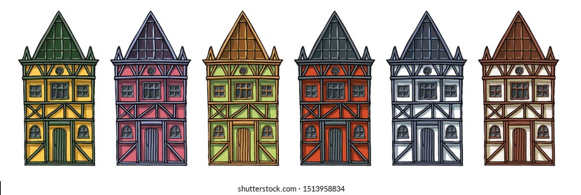 Colorful german houses cartoon collection urban landscape front view of European city street building facades. Hand drawn vector illustration sketch style.