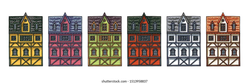 Colorful german houses cartoon collection urban landscape front view of European city street building facades. Hand drawn vector illustration sketch style.