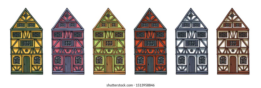 Colorful german houses cartoon collection urban landscape front view of European city street building facades. Hand drawn vector illustration sketch style.