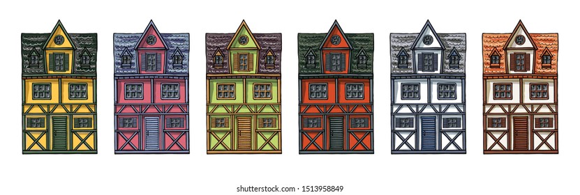 Colorful german houses cartoon collection urban landscape front view of European city street building facades. Hand drawn vector illustration sketch style.
