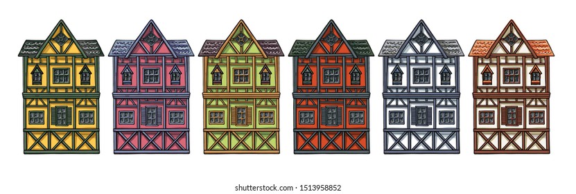 Colorful german houses cartoon collection urban landscape front view of European city street building facades. Hand drawn vector illustration sketch style.