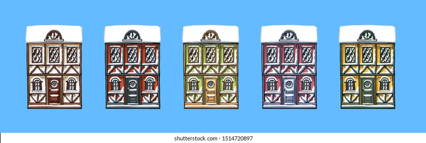 Colorful german houses cartoon collection urban landscape front view of European city street building facades. Winter snow seasons. Hand drawn vector illustration sketch style.