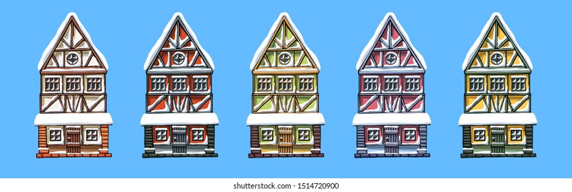 Colorful german houses cartoon collection urban landscape front view of European city street building facades. Winter snow seasons. Hand drawn vector illustration sketch style.