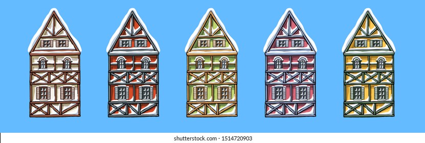 Colorful german houses cartoon collection urban landscape front view of European city street building facades. Winter snow seasons. Hand drawn vector illustration sketch style.