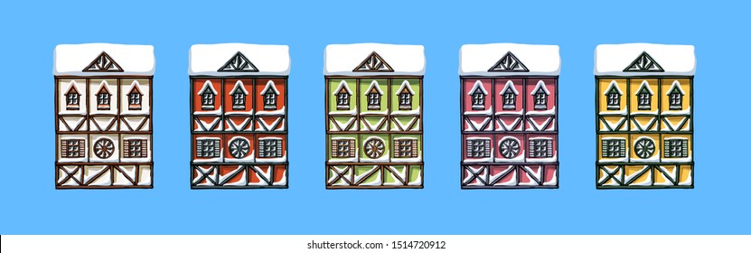 Colorful german houses cartoon collection urban landscape front view of European city street building facades. Winter snow seasons. Hand drawn vector illustration sketch style.