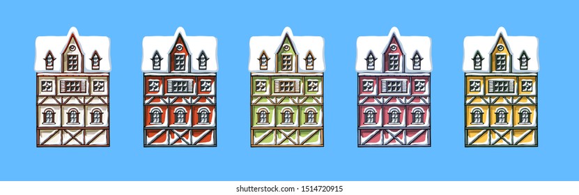 Colorful german houses cartoon collection urban landscape front view of European city street building facades. Winter snow seasons. Hand drawn vector illustration sketch style.