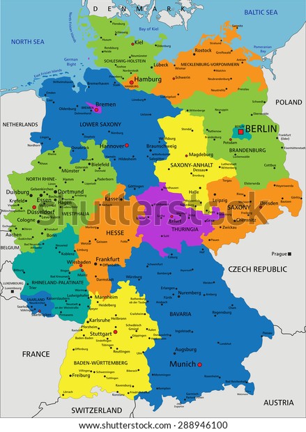 Colorful Germany Political Map Clearly Labeled Stock Vector (Royalty ...