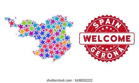 Colorful Gerona Province map mosaic of stars, and grunge round red WELCOME seal. Abstract territorial plan in bright color tints. Vector Gerona Province map is organized of bright stars.