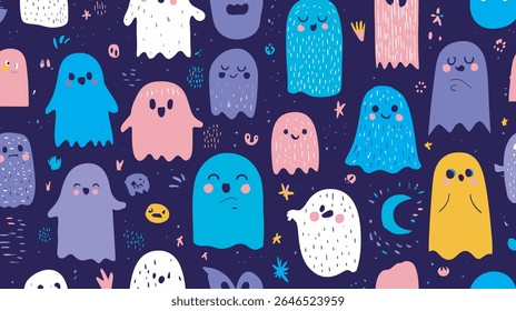Fantasmas coloridos flutuam através da noite escura ilustração padrão de halloween