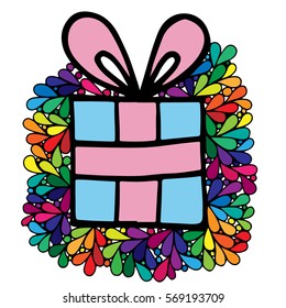 Colorful gift with bow in ornate frame. Can be used for card, invitation, posters, texture backgrounds, placards, banners.