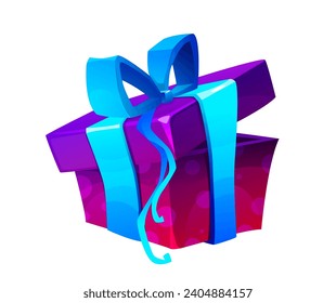 Colorful gift box. Bright icon with present with beautiful ribbon or bow. Surprise for holiday or birthday. Prize in online casino. Cartoon 3D vector illustration isolated on white background