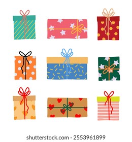 Colorful Gift Box Collection with Decorative Patterns. Flat vector illustration.