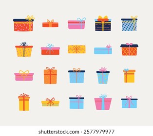 Colorful gift box collection with decorative wrapping and ribbons for celebrations and holidays. Ideal for use in festive designs, event invitations, or marketing materials.