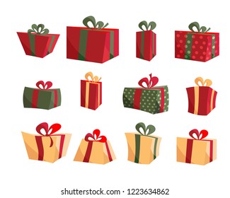 Colorful Gift Box Collections. Set of present boxes flat vector. Happy birthday. Merry Christmas. Gifts with bows and ribbons. Set of wrapped gift boxes isolated on white background. Sale and shopping