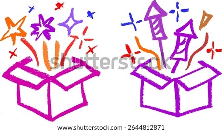 Colorful Gift Box Explosion Sparkle Surprise Crayon Chalk Drawing Vector Set
