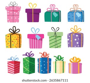 Colorful gift box icon clipart set. Gift box flat elements clip art with colorful bow tie ribbon and printed flat design birthday surprise collection vector illustration.
