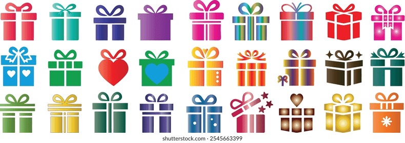 Colorful gift box icons in vibrant shades, ideal for holiday themes, celebrations, and festive designs. Perfect for Christmas, birthdays, and other gift giving occasions