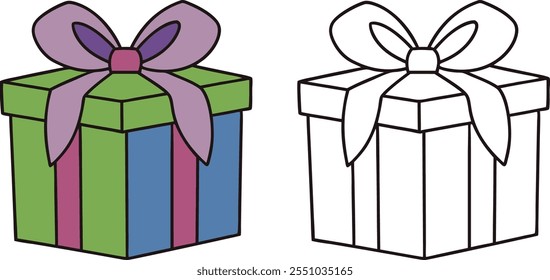 Colorful Gift Box Illustration Present, Bow, Ribbon, Coloring Page