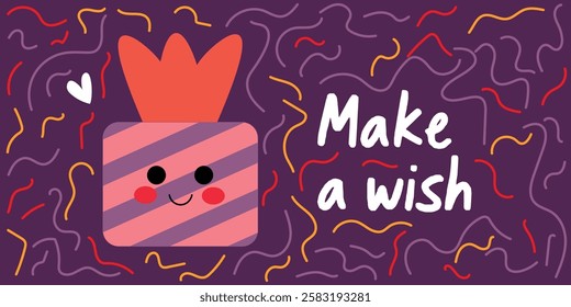 Colorful Gift Box with Inspiring Message for Celebration or Wish. A vibrant illustration of a gift box accompanied by the text 'Make a wish,' symbolizing celebrations, positivity