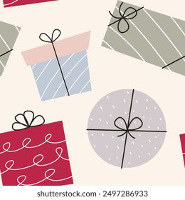 colorful gift box on beige background wallpaper seamless pattern 