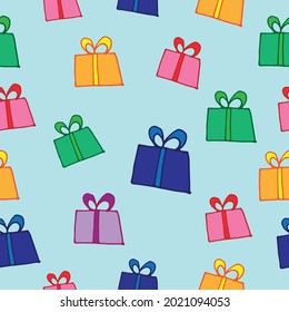 Colorful Gift Box Pattern: Elevate your designs with this vibrant illustration. A seamless pattern of colorful gift boxes with bows on a blue background adds a joyful and celebratory touch to your art