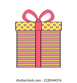 Colorful gift box with ribbon and bow. Holiday gift. Ornament on the box.