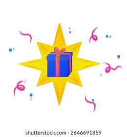 A colorful gift box with a ribbon sits at the center of a bright yellow star. Surrounding the star are festive confetti and streamers, creating a celebratory atmosphere.